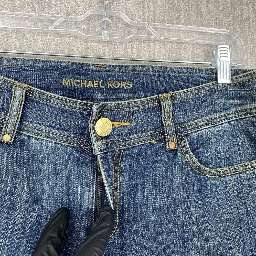 Michael Kors Studded Zipper Pocket Straight Leg Jeans 8 Blue Denim Gold Hardware